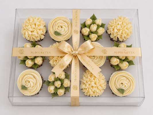 Ivory Elegance cupcake gift box packaging, ribbon-tied UAE delivery