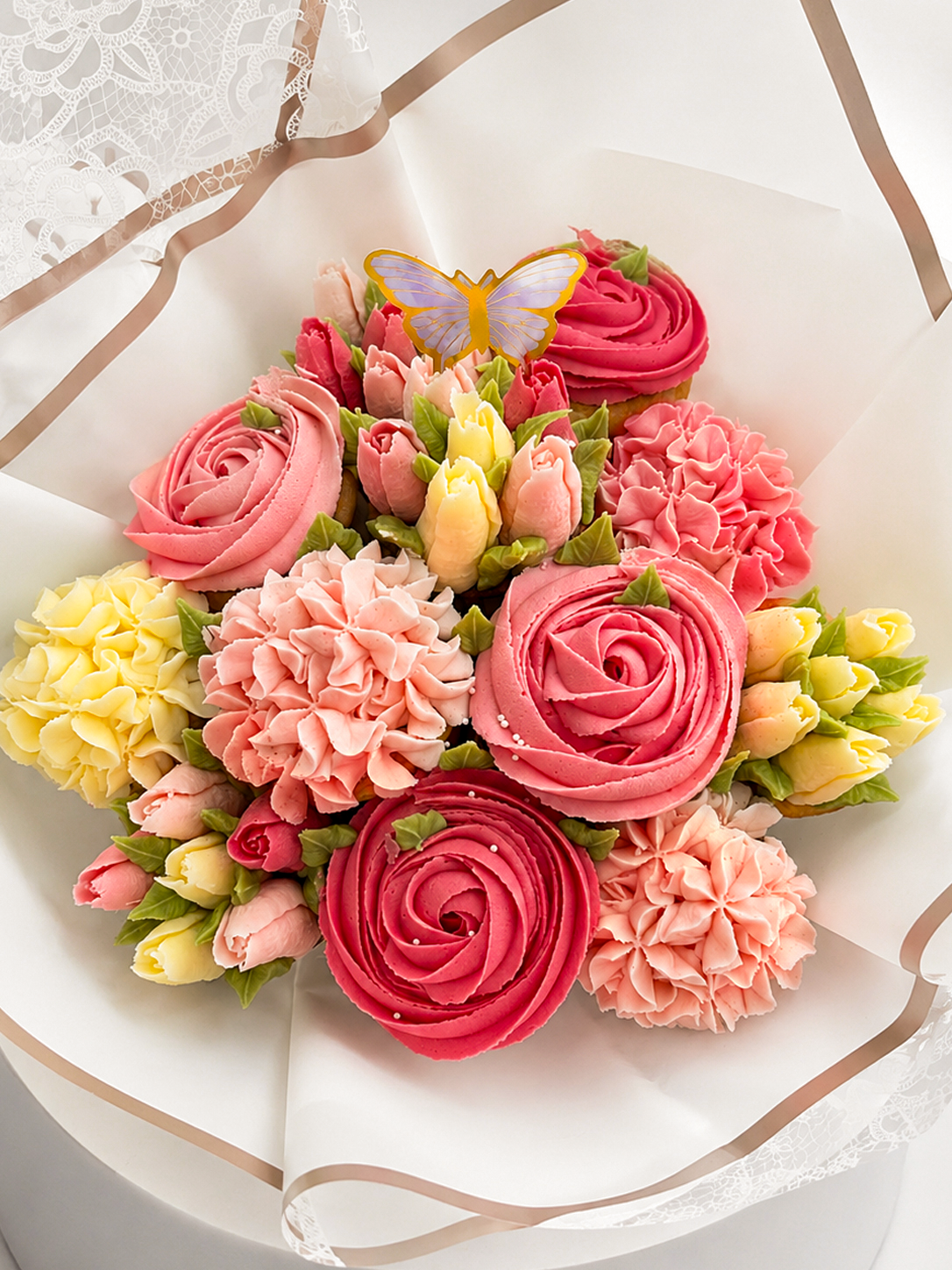 Blush Meadow pink and coral cupcake bouquet, close-up view