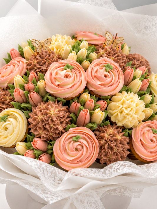Coral & Cream cupcake bouquet, close-up view