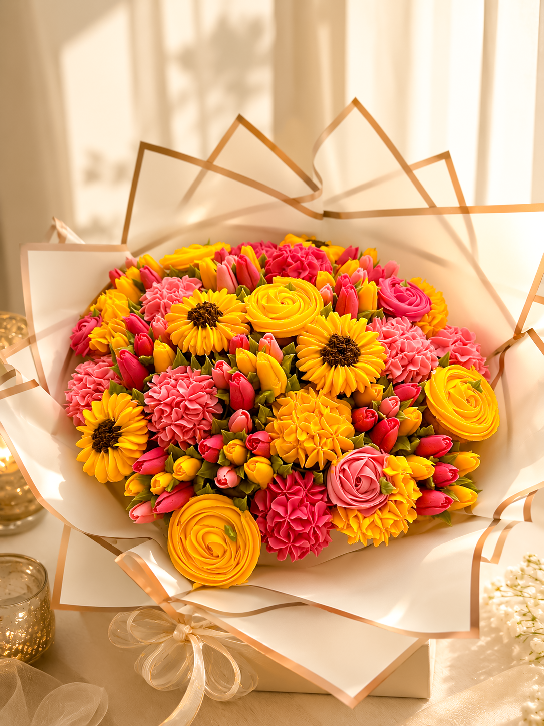 Golden Petal cupcake bouquet close-up, fresh buttercream flowers UAE