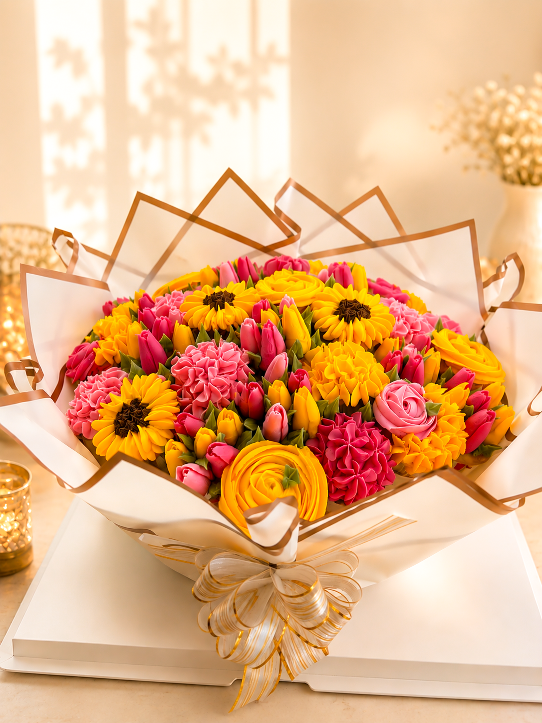 Golden Petal pink and yellow cupcake bouquet, handmade cupcakes UAE