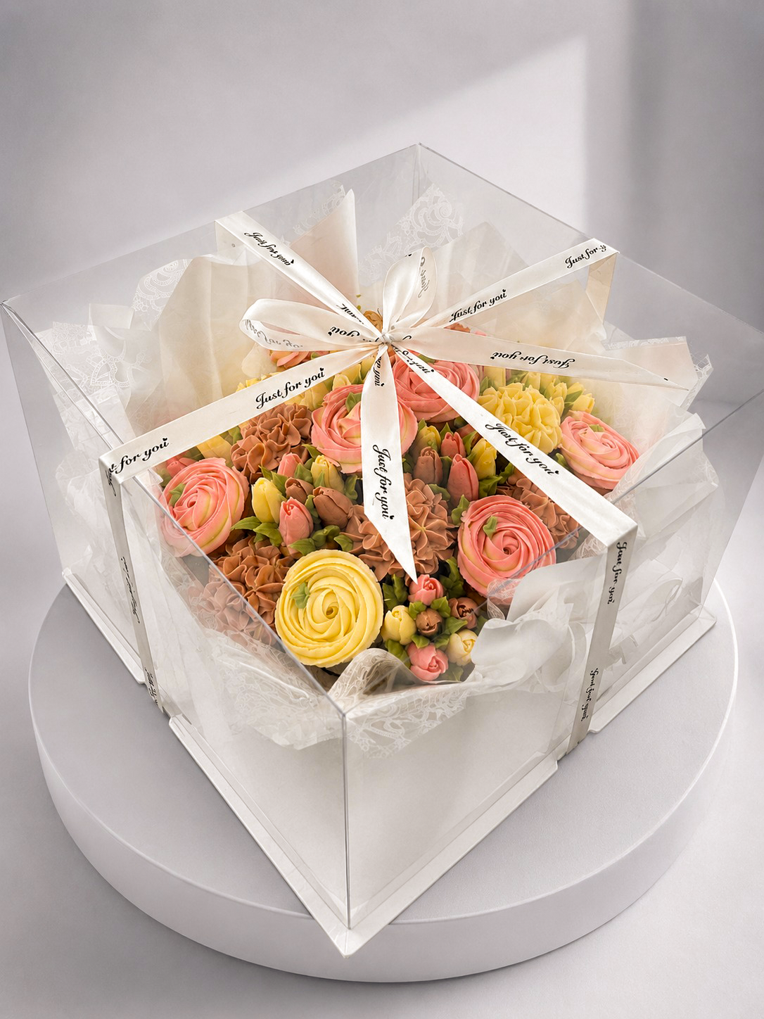 Coral & Cream cupcake bouquet packaged in gift box