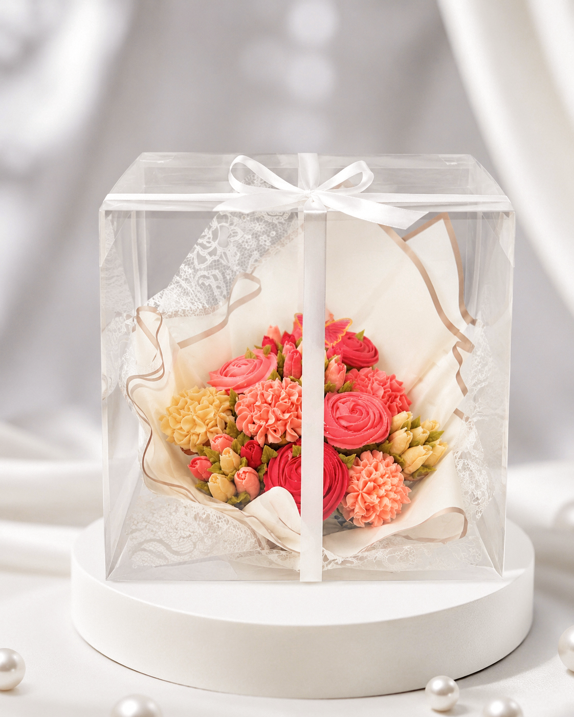 Blush Meadow cupcake bouquet packaged in gift box