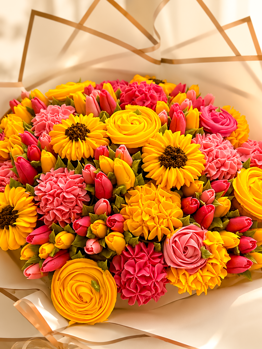 Golden Petal cupcake bouquet with buttercream flowers, cupcake gift Dubai