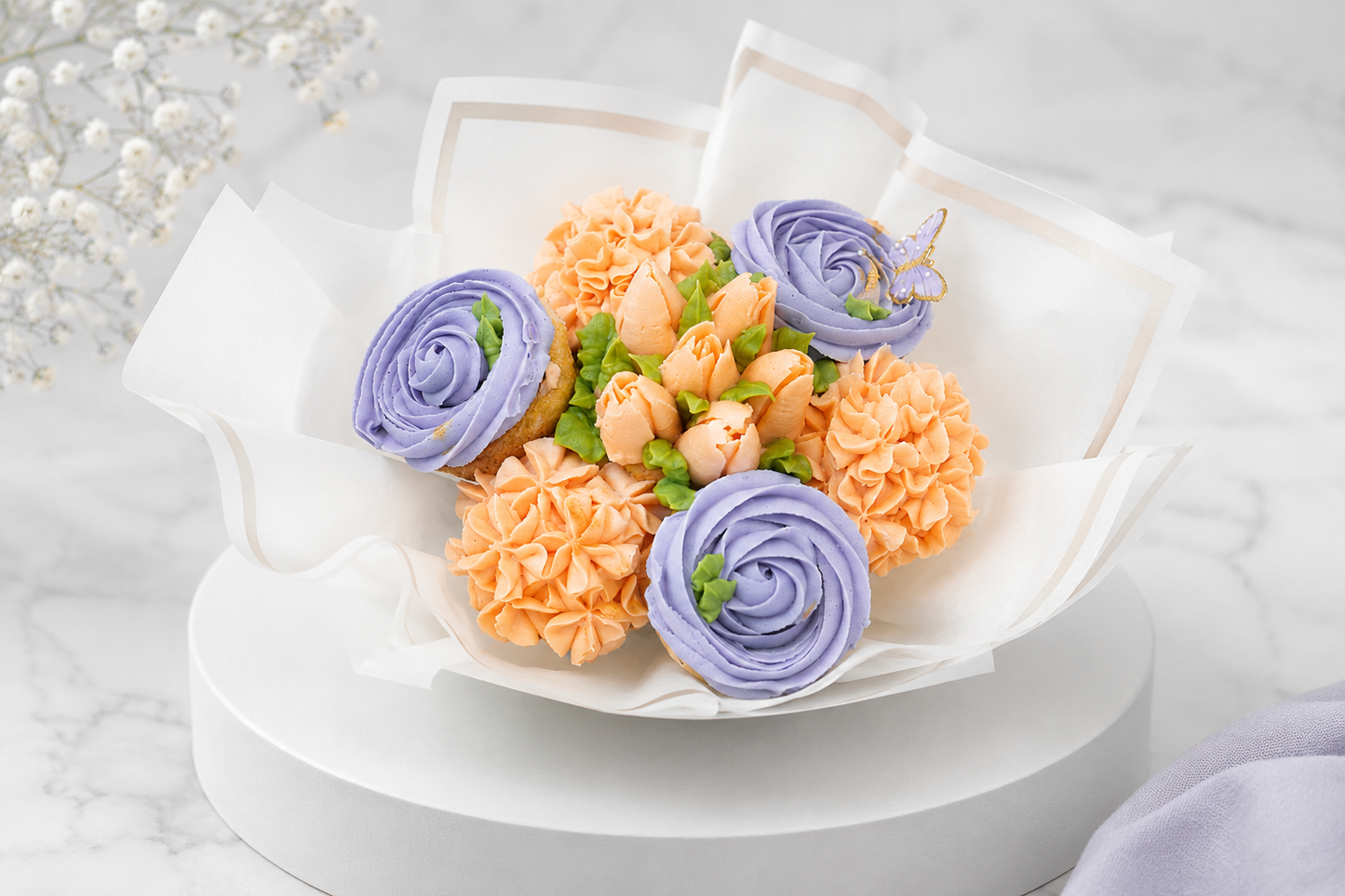 Violet and Cream cupcake bouquet on table, fresh cupcake gift UAE