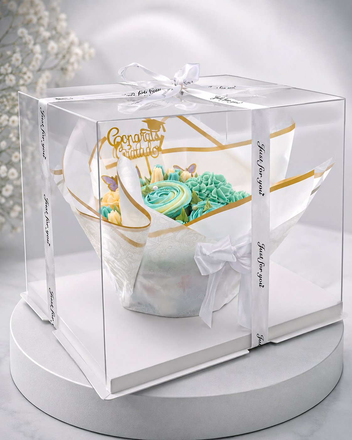 Sky Blue cupcake bouquet gift box packaging, UAE delivery