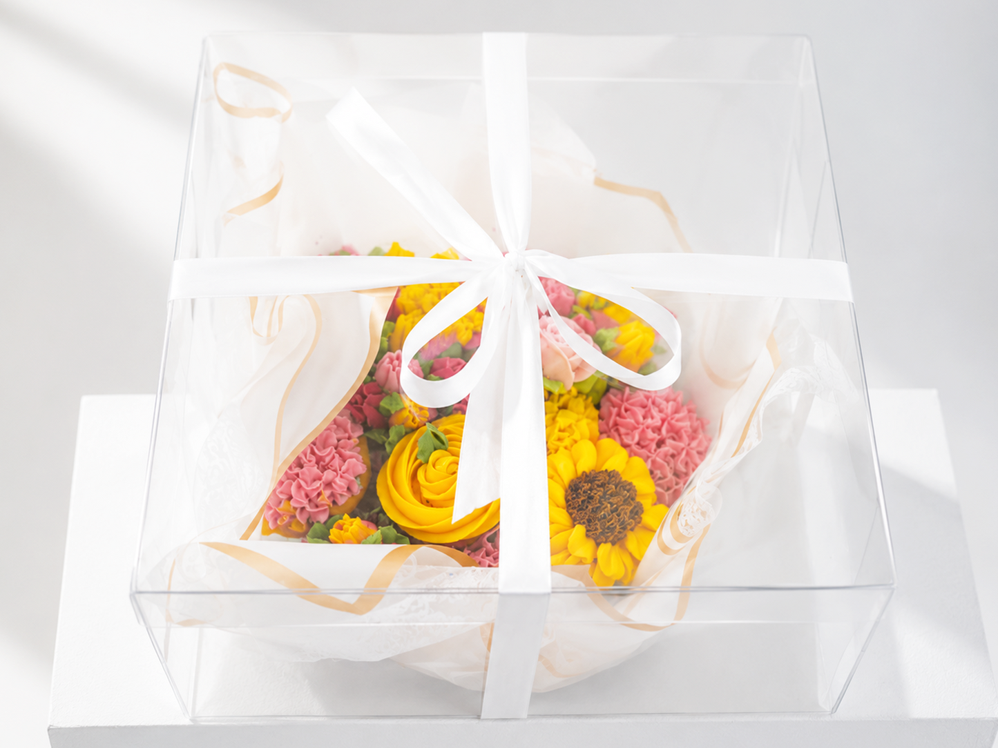 Pink and Yellow cupcake bouquet gift box packaging, UAE delivery