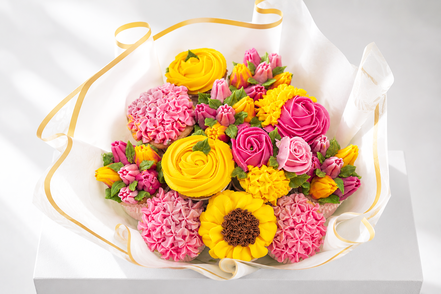 Pink and Yellow cupcake bouquet on table, fresh cupcake gift UAE