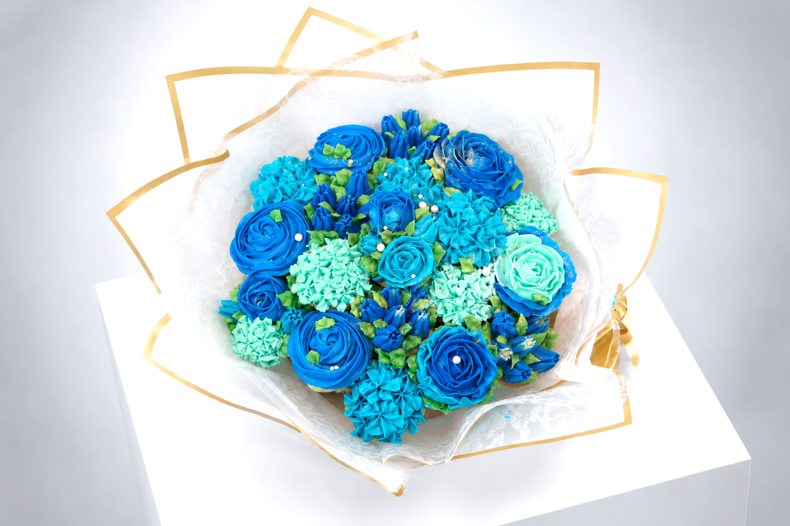Dark Blue cupcake bouquet on table, fresh cupcake gift UAE