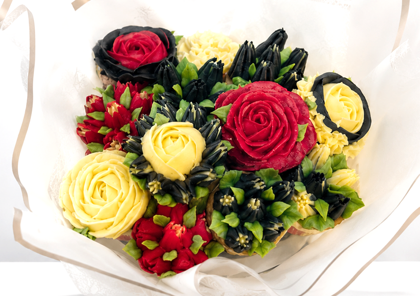 Close-up of Red and Cream cupcake bouquet, handmade cupcakes UAE