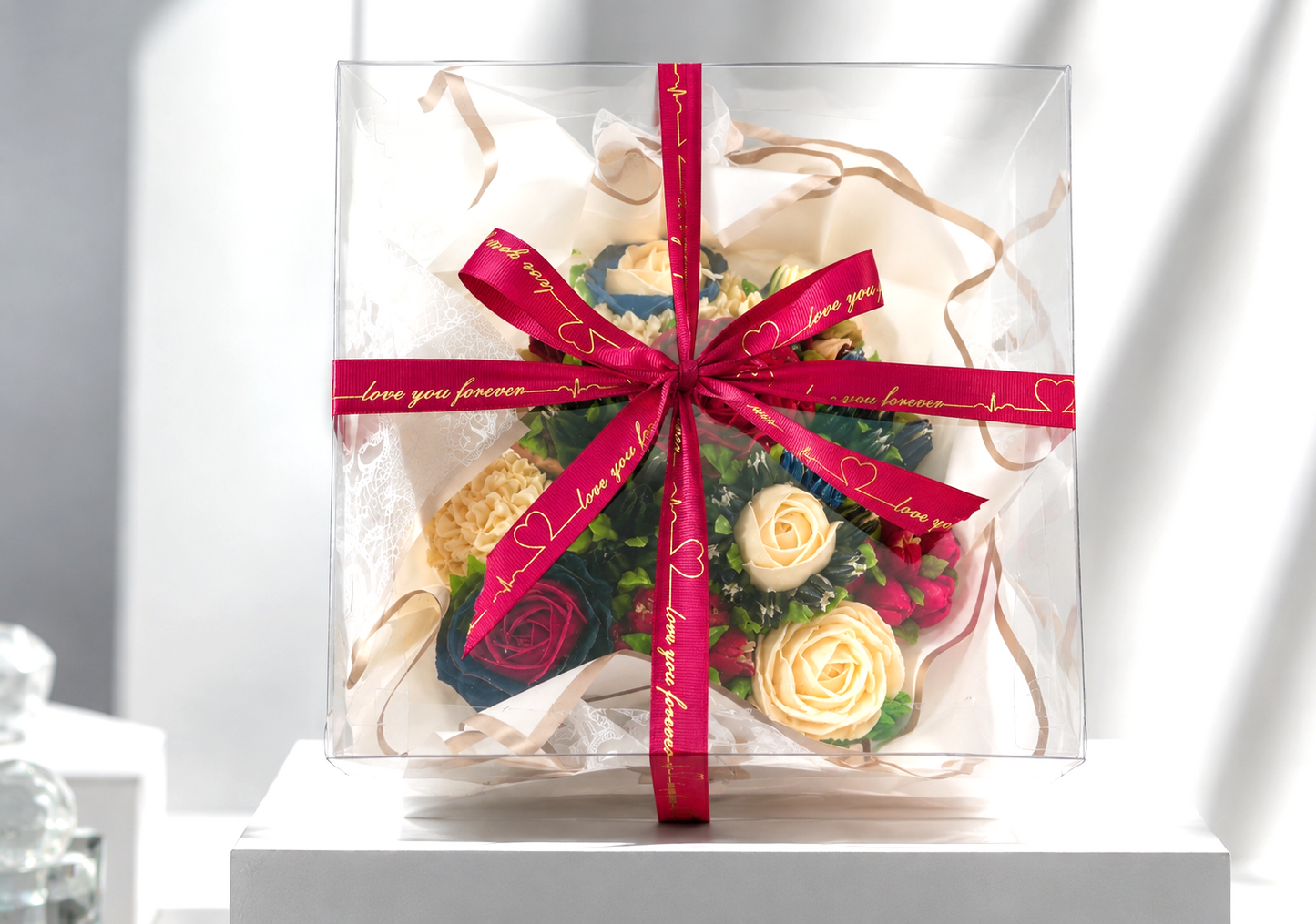 Red and Cream cupcake bouquet gift box packaging, UAE delivery