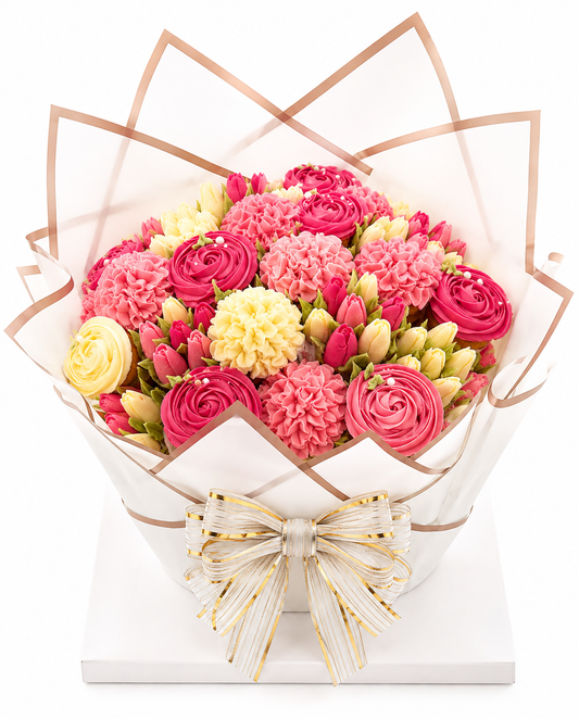 Blush Meadow pink and coral cupcake bouquet front view, cupcake gift Dubai