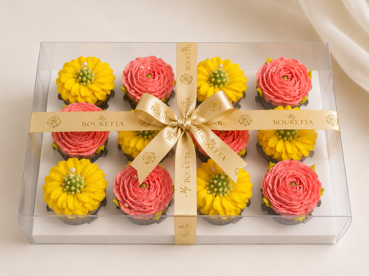 Honey Blossom cupcake gift box packaging, ribbon-tied UAE delivery