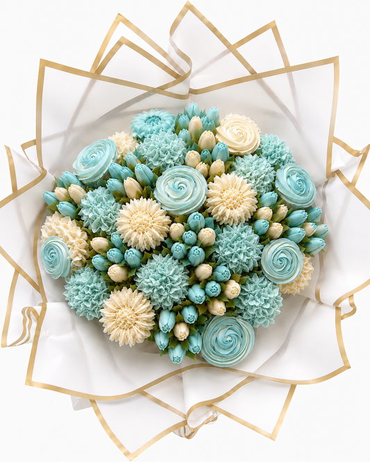 Top view of Celeste sky blue cupcake bouquet, handmade cupcakes UAE