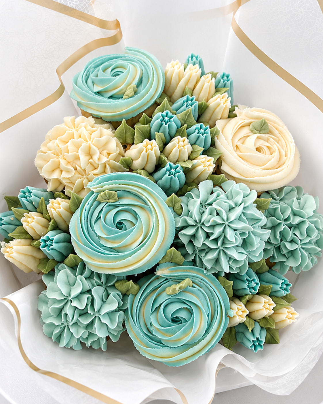 Close-up of Sky Blue cupcake bouquet, handmade cupcakes UAE