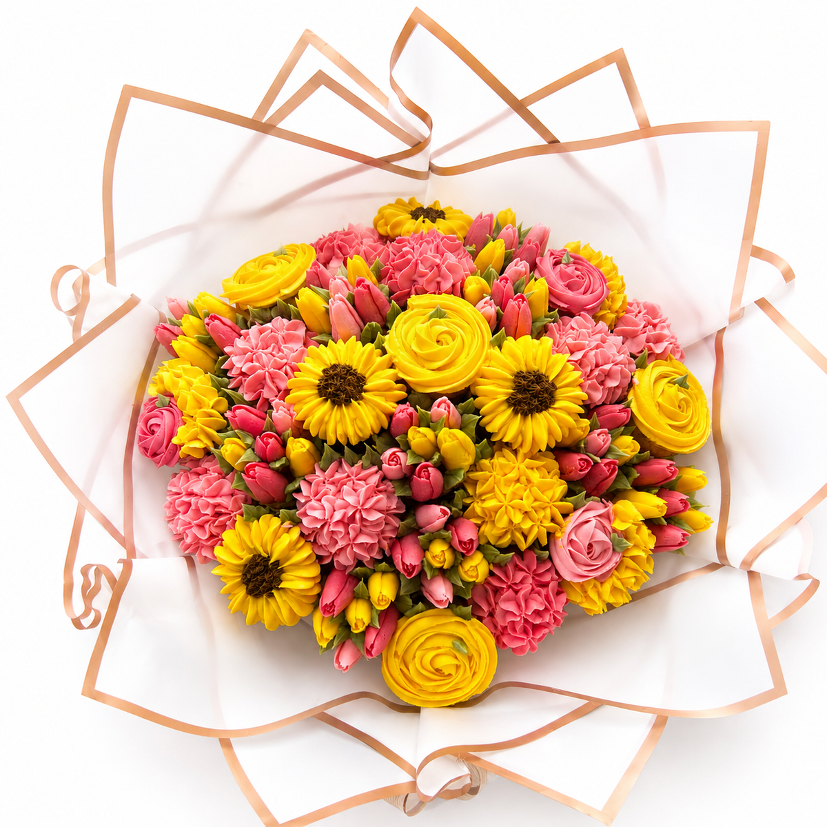 Top view of Golden Petal pink and yellow cupcake bouquet, handmade cupcakes UAE