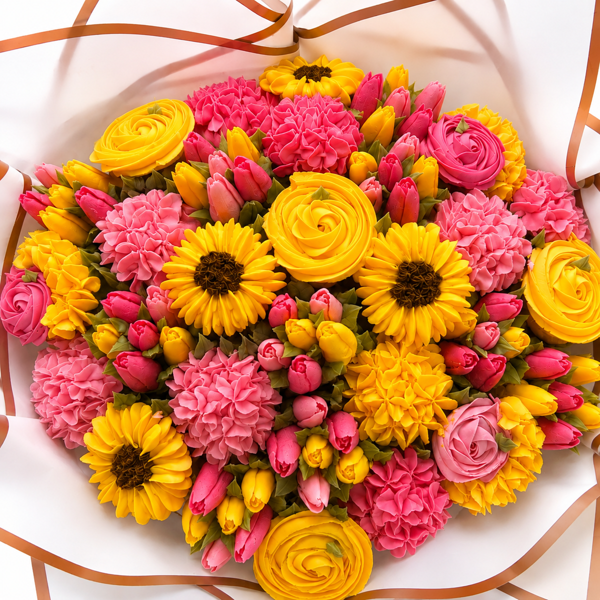 Golden Petal pink and yellow cupcake bouquet front view, cupcake gift Dubai