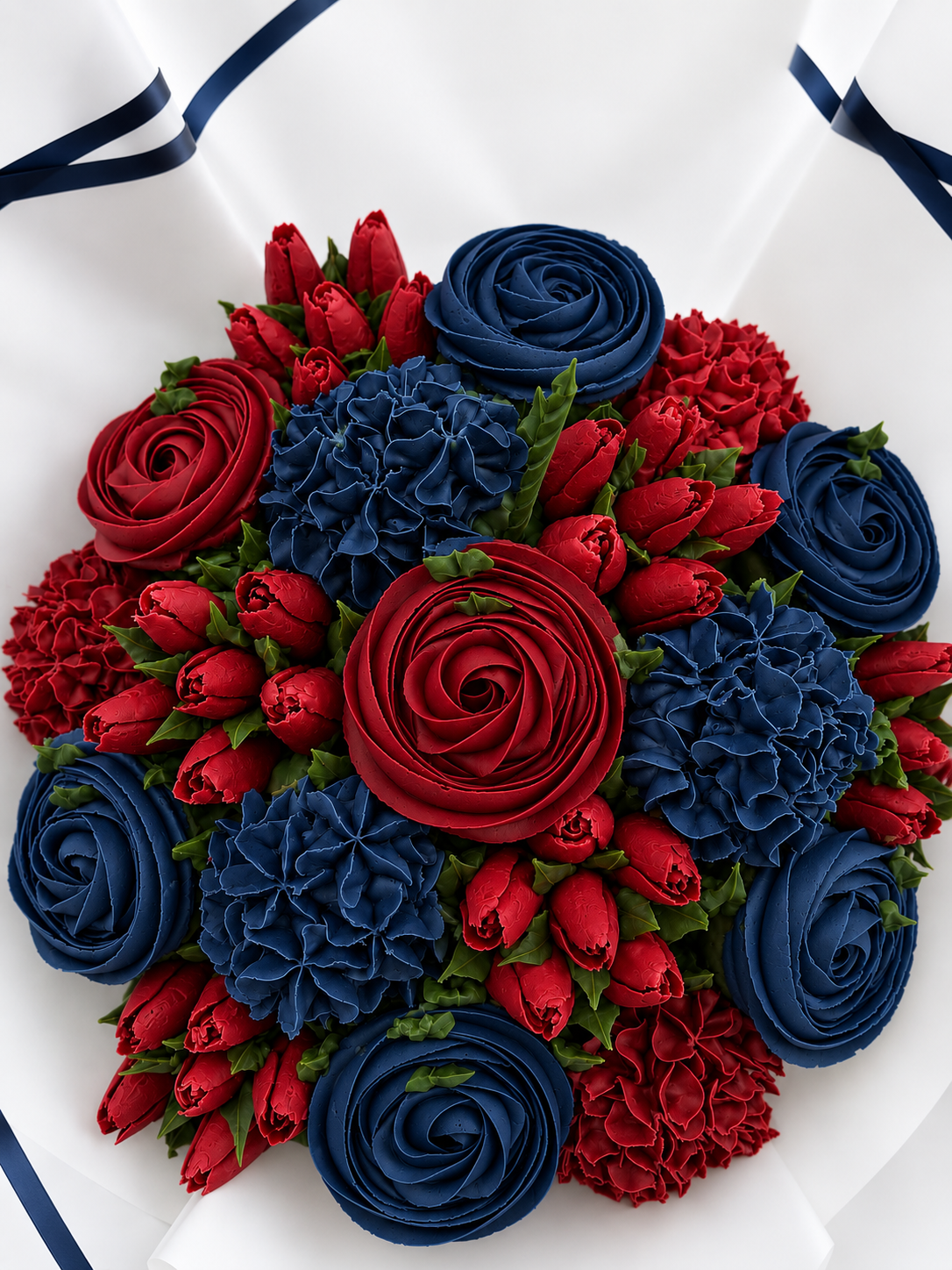Windsor Bloom cupcake bouquet, burgundy navy and ivory handmade cupcakes UAE