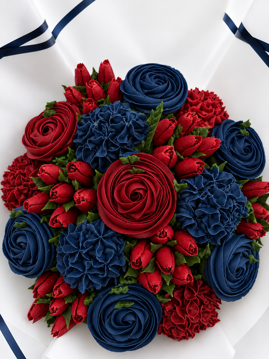 Windsor Bloom cupcake bouquet, burgundy navy and ivory handmade cupcakes UAE