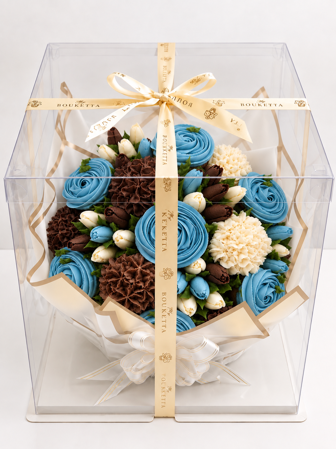 Cobalt Cocoa cupcake bouquet gift box packaging, UAE delivery