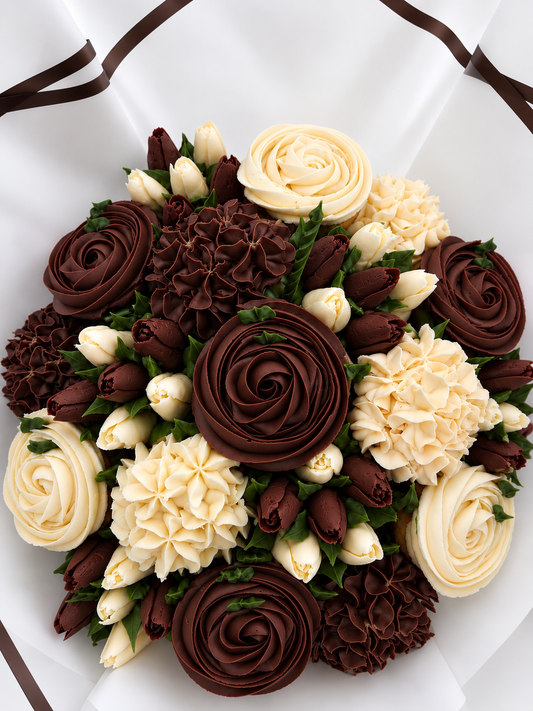 Cocoa & Ivory cupcake bouquet, brown and ivory handmade cupcakes UAE