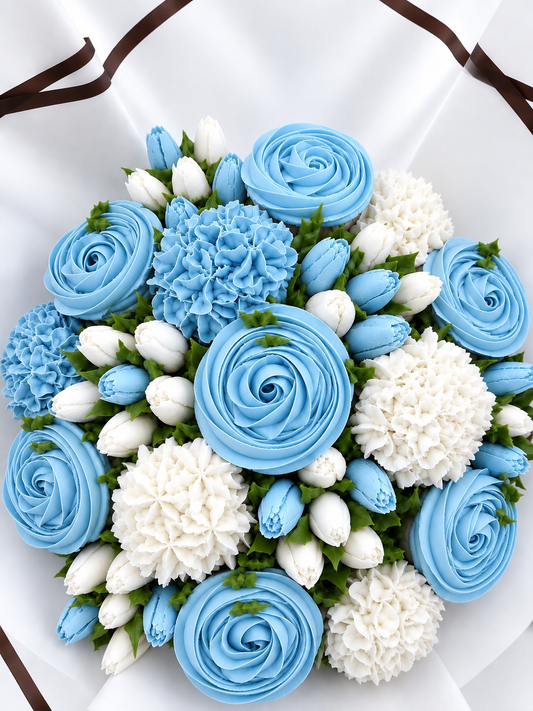 Sky & Snow cupcake bouquet, light blue and white handmade cupcakes UAE