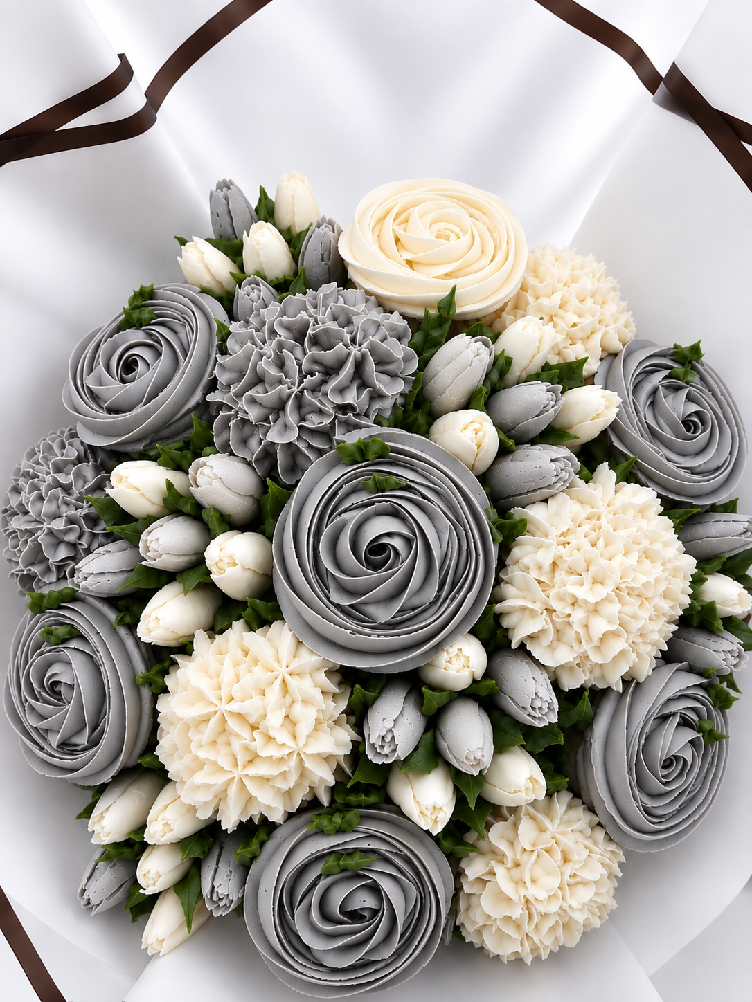 Slate & Ivory cupcake bouquet, grey and ivory handmade cupcakes UAE