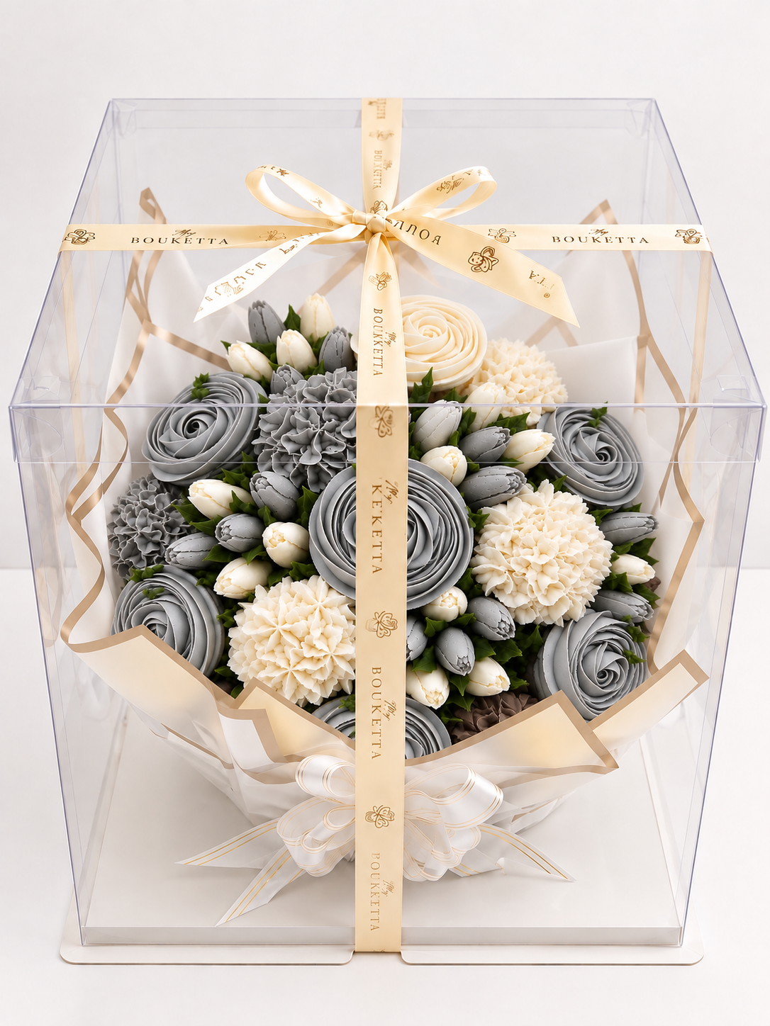 Slate & Ivory cupcake bouquet gift box packaging, UAE delivery