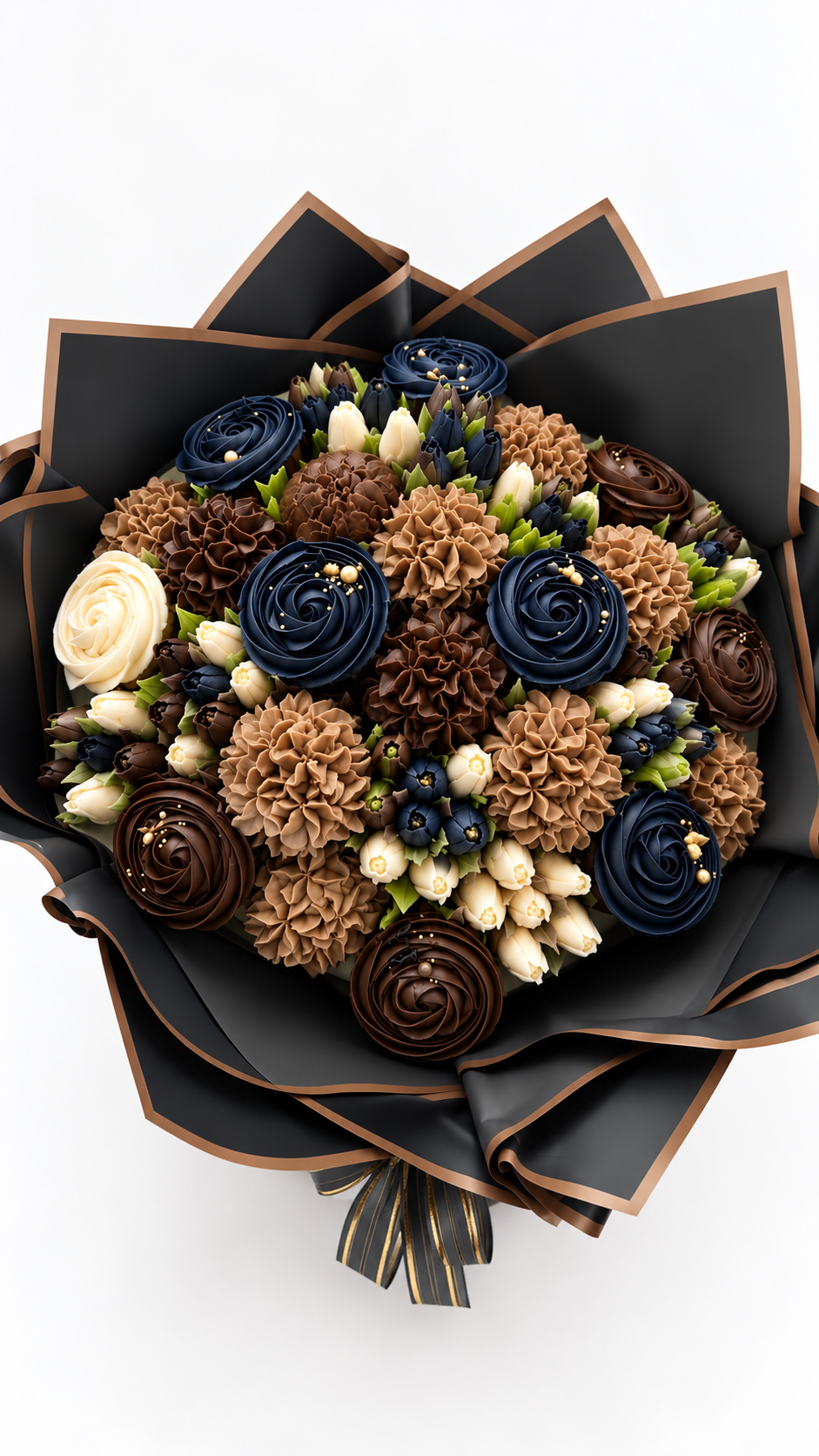 Onyx & Gold premium cupcake bouquet, navy cocoa and ivory handmade cupcakes UAE