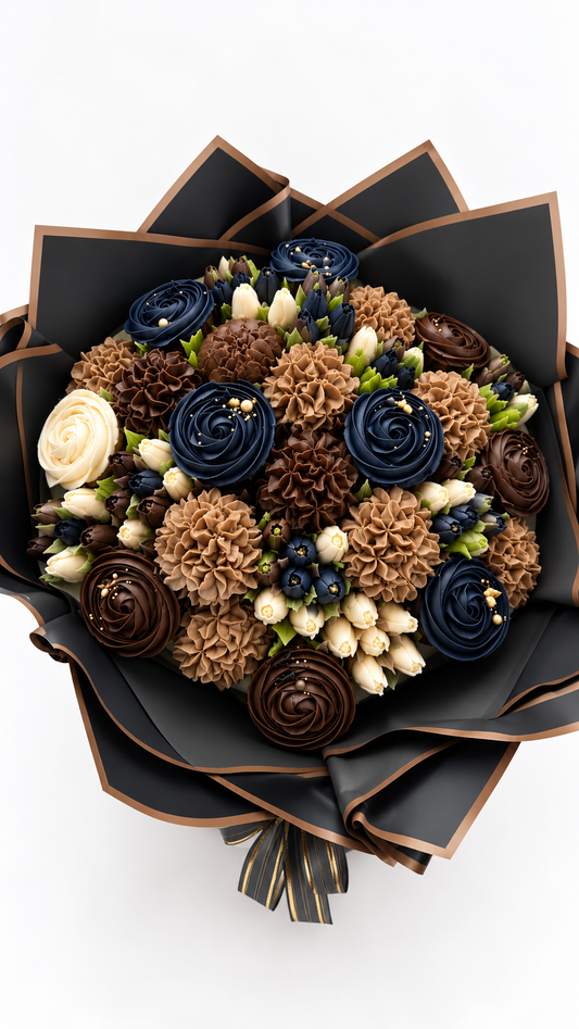 Onyx & Gold premium cupcake bouquet, navy cocoa and ivory handmade cupcakes UAE