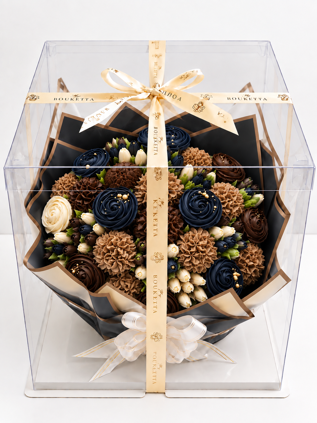 Onyx & Gold cupcake bouquet gift box packaging, black and gold wrap UAE