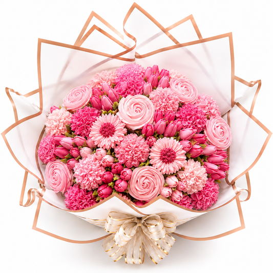 Pink Elegance cupcake bouquet on table, fresh cupcake gift UAE
