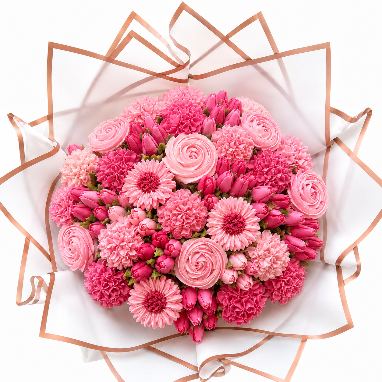 Top view of Pink Elegance cupcake bouquet, handmade cupcakes UAE
