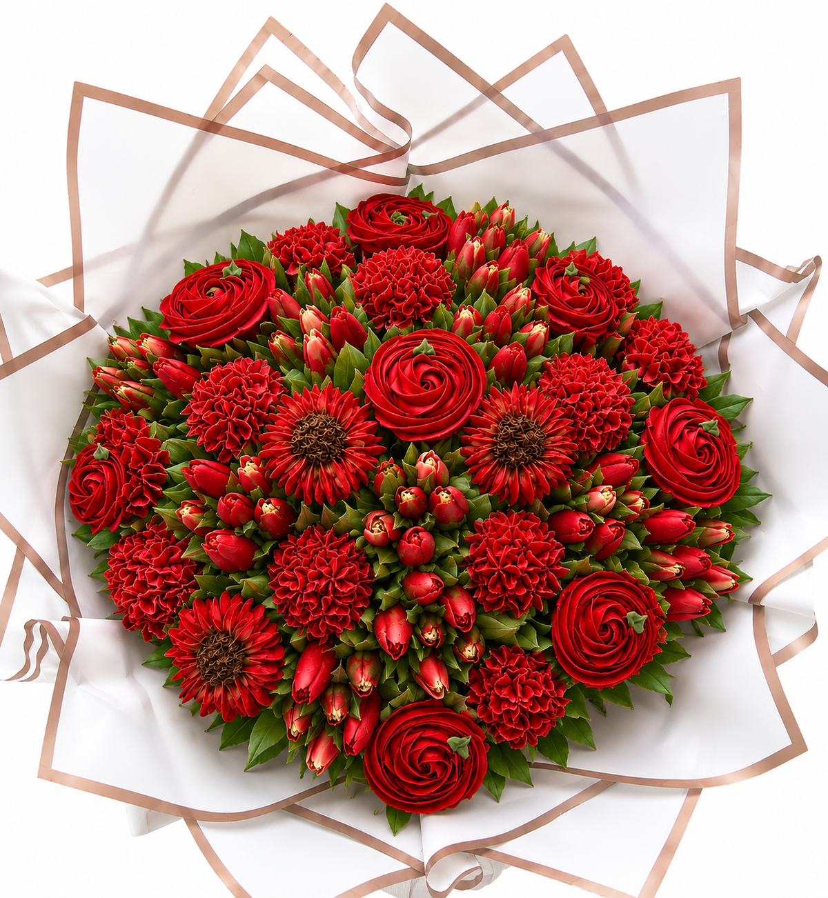 Top view of Rose Cascade red and cream cupcake bouquet, handmade cupcakes UAE