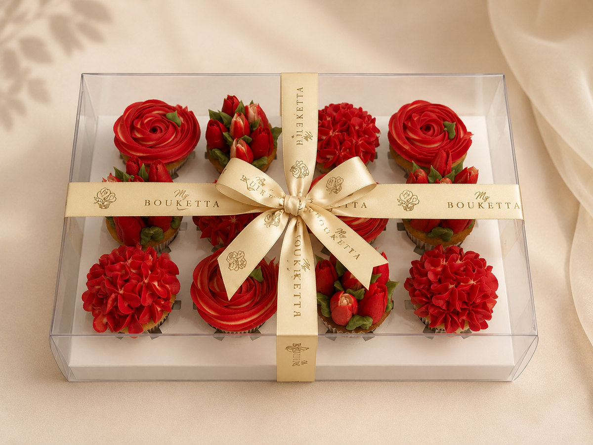 Rose Cascade cupcake gift box packaging, ribbon-tied UAE delivery