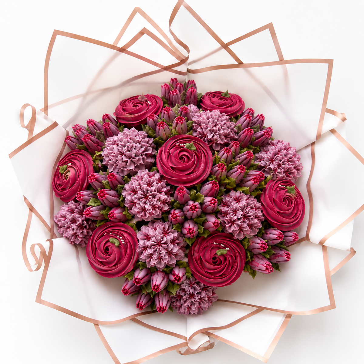 Top view of Scarlet Muse red cupcake bouquet, handmade cupcakes UAE