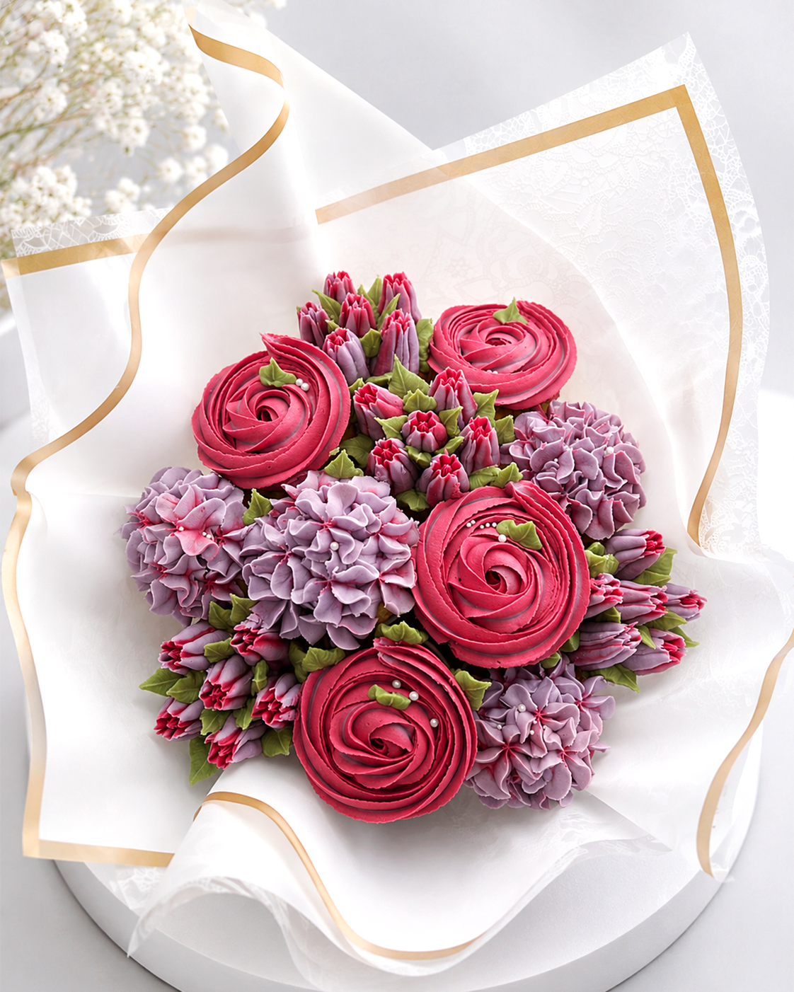 Red cupcake bouquet on table, fresh cupcake gift UAE