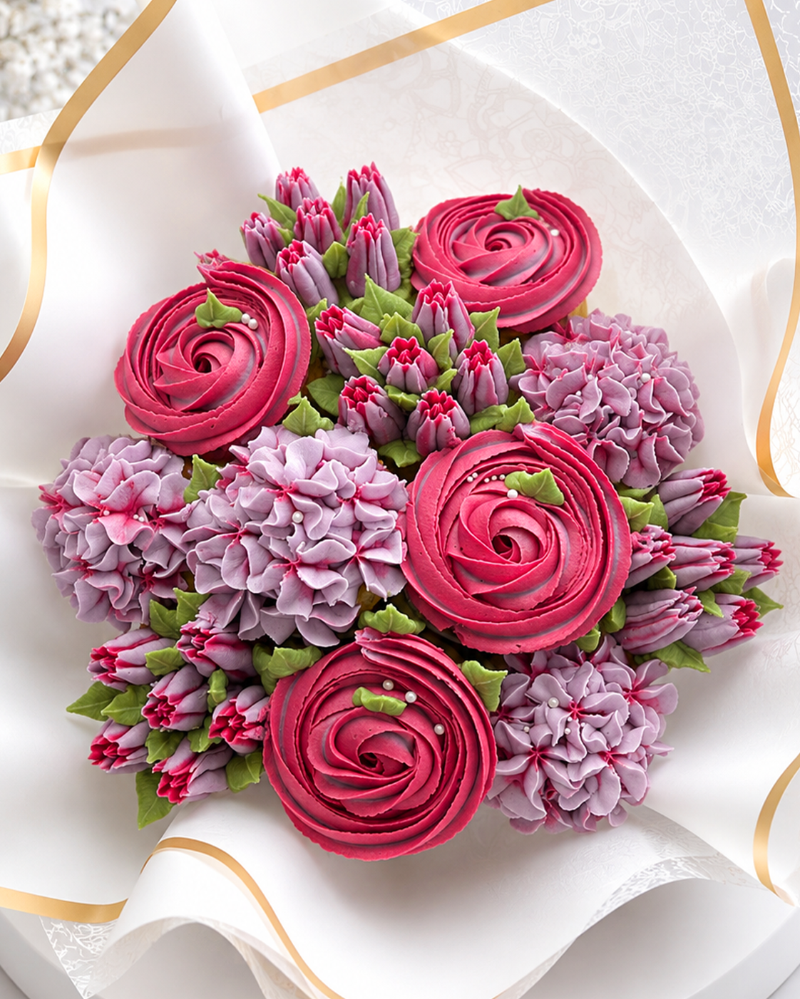 Close-up of Red cupcake bouquet, handmade cupcakes UAE