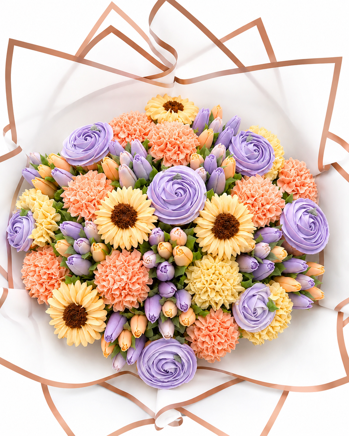 Top view of Velvet Orchid violet and cream cupcake bouquet, handmade cupcakes UAE