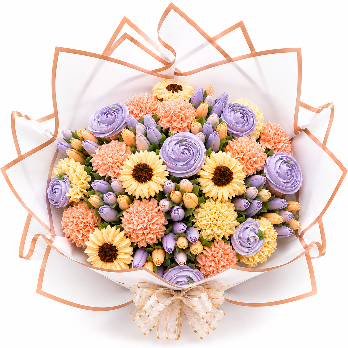 Velvet Orchid violet and cream cupcake bouquet front view, cupcake gift Dubai