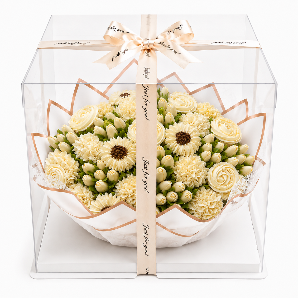 Ivory Elegance cupcake bouquet gift box packaging, UAE delivery