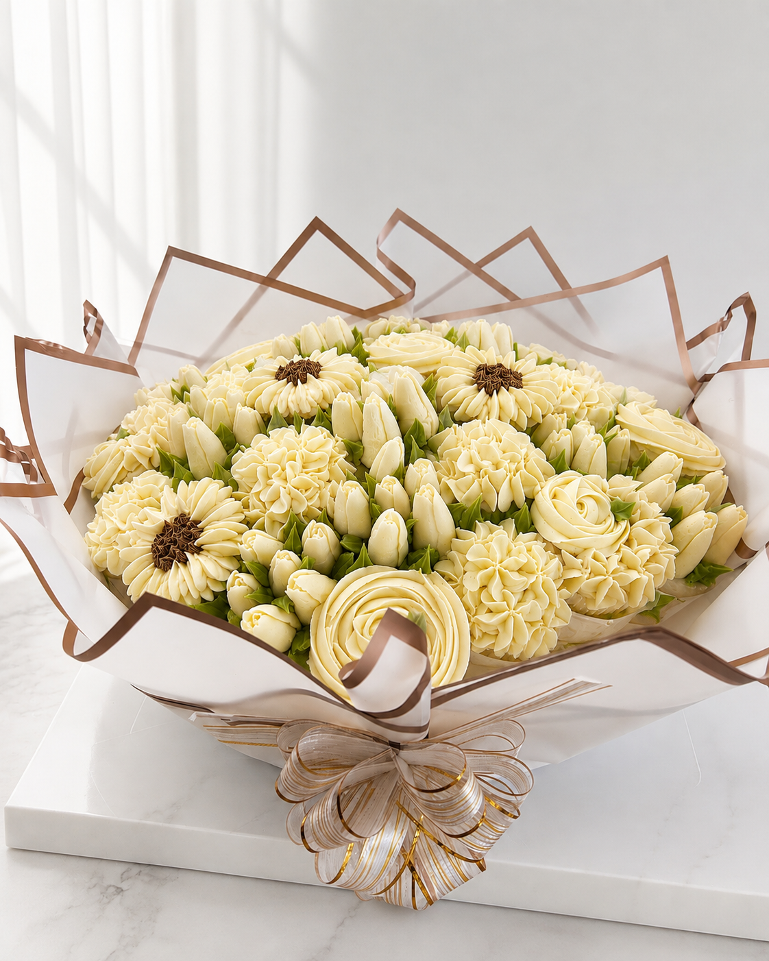 Ivory Elegance cupcake bouquet on table, fresh cupcake gift UAE