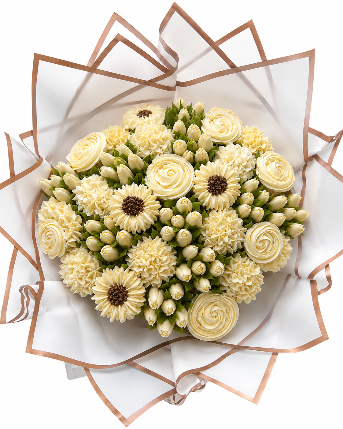 Top view of Ivory Elegance cupcake bouquet, handmade cupcakes UAE